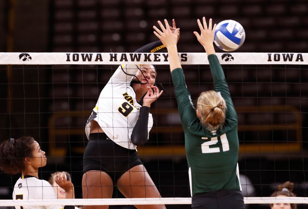 Iowa Hawkeyes middle blocker Amiya Jones (9) against the Michigan State Spartans Friday, September 21, 2018 at Carver-Hawkeye Arena. (Brian Ray/hawkeyesports.com)