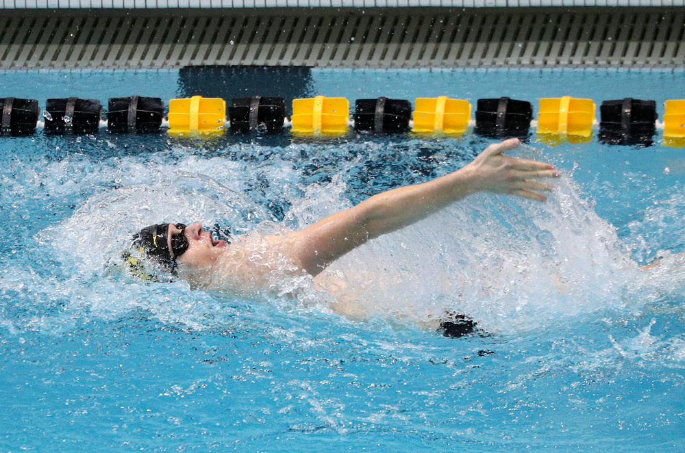 Iowa’s Jacob Rosenkoetter swims the men’s 200-yard backstroke event during their meet against Michigan State and Northern Iowa at the Campus Recreation and Wellness Center in Iowa City on Friday, Oct 4, 2019. (Stephen Mally/hawkeyesports.com)