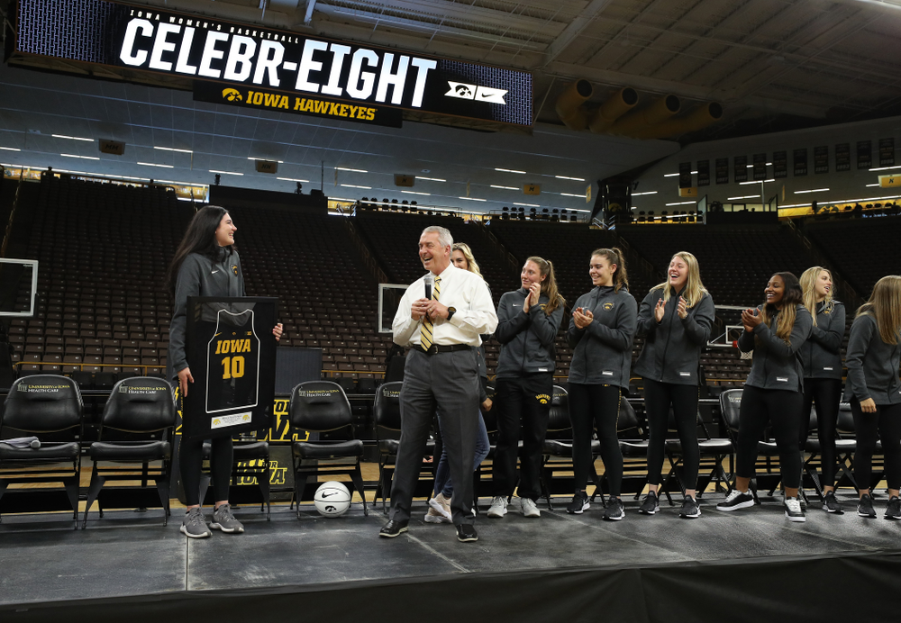 Henry B. and Patricia B. Tippie Director of Athletics Chair announces that the jersey of Iowa Hawkeyes forward Megan Gustafson (10) will be retired at a ceremony next season during the teamÕs Celebr-Eight event Wednesday, April 24, 2019 at Carver-Hawkeye Arena. (Brian Ray/hawkeyesports.com)