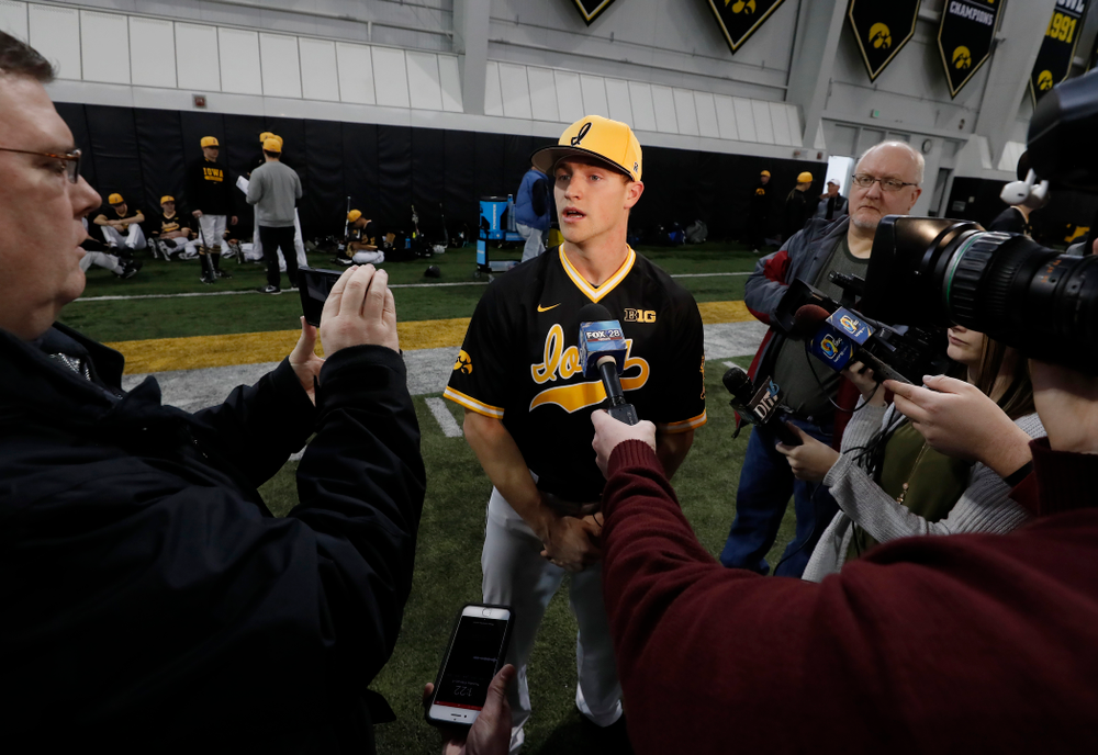 Iowa Hawkeyes catcher Tyler Cropley (5) answers questions from reporters during the team's annual media day Thursday, February 8, 2018 in the indoor practice facility. (Brian Ray/hawkeyesports.com)