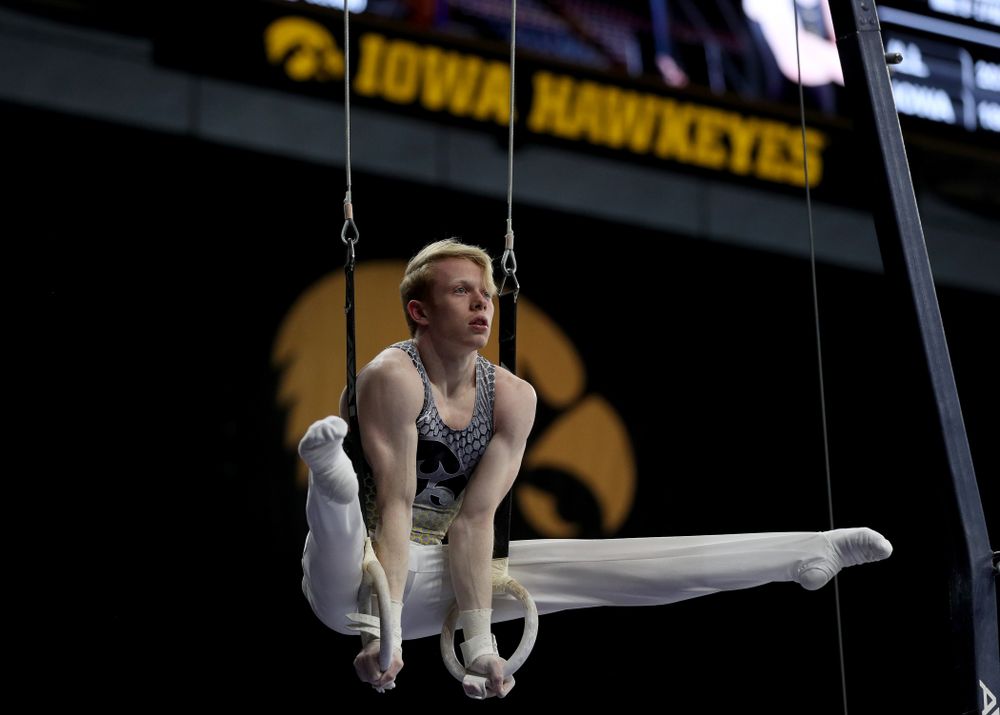 Iowa’s Nick Merryman competes on the rings against Illinois Sunday, March 1, 2020 at Carver-Hawkeye Arena. (Brian Ray/hawkeyesports.com)