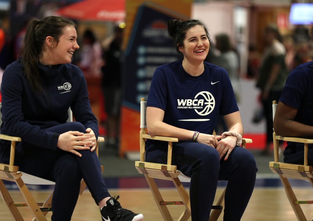 Iowa Hawkeyes forward Megan Gustafson (10) participates in a panel discussion with the other WBCA All Americans at the Tourney Town Fan Fest Friday, April 5, 2019 at the Tampa Convention Center in Tampa, FL. (Brian Ray/hawkeyesports.com)