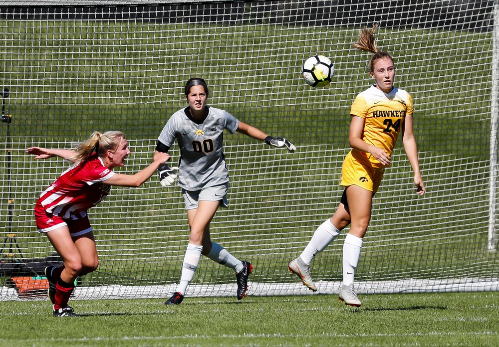 Iowa Hawkeyes defender Sara Wheaton (24) heads the ball away from the goal during a game against Indiana at the Iowa Soccer Complex on September 23, 2018. (Tork Mason/hawkeyesports.com)