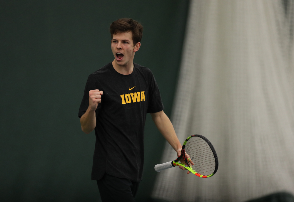 Piotr Smietana against the Miami Hurricanes Friday, February 8, 2019 at the Hawkeye Tennis and Recreation Complex. (Brian Ray/hawkeyesports.com)
