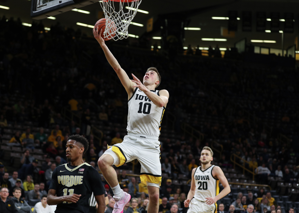 Iowa Hawkeyes guard Joe Wieskamp (10) against the Purdue Boilermakers Tuesday, March 3, 2020 at Carver-Hawkeye Arena. (Brian Ray/hawkeyesports.com)