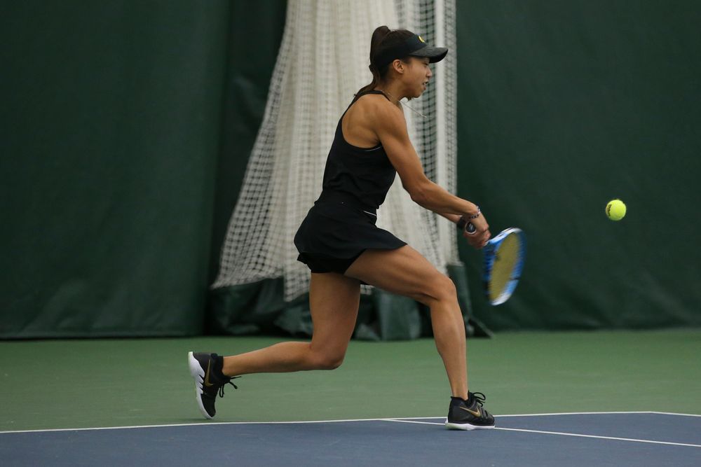 Iowa’s Michelle Bacalla returns a ball during the Iowa women’s tennis meet vs UNI on Saturday, February 29, 2020 at the Hawkeye Tennis and Recreation Complex. (Lily Smith/hawkeyesports.com)