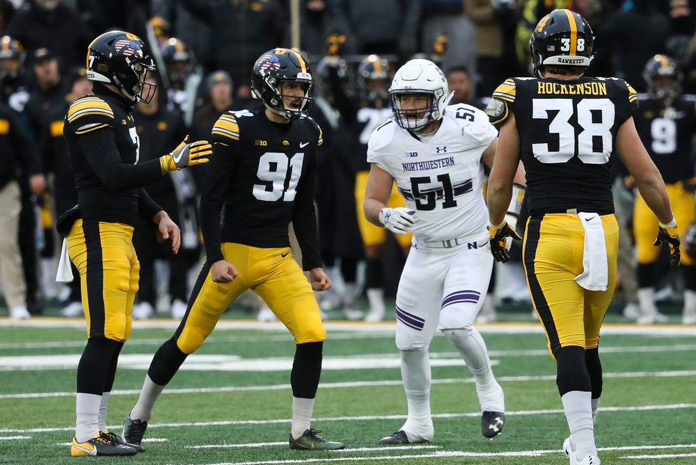 Iowa Hawkeyes placekicker Miguel Recinos (91) reacts after making a field goal during a game against Northwestern at Kinnick Stadium on November 10, 2018. (Tork Mason/hawkeyesports.com)