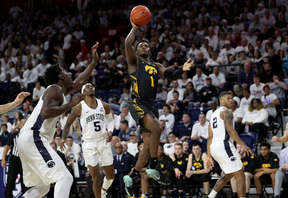 Iowa Hawkeyes guard Joe Toussaint (1) against Penn State Saturday, January 4, 2020 at the Palestra in Philadelphia. (Brian Ray/hawkeyesports.com)