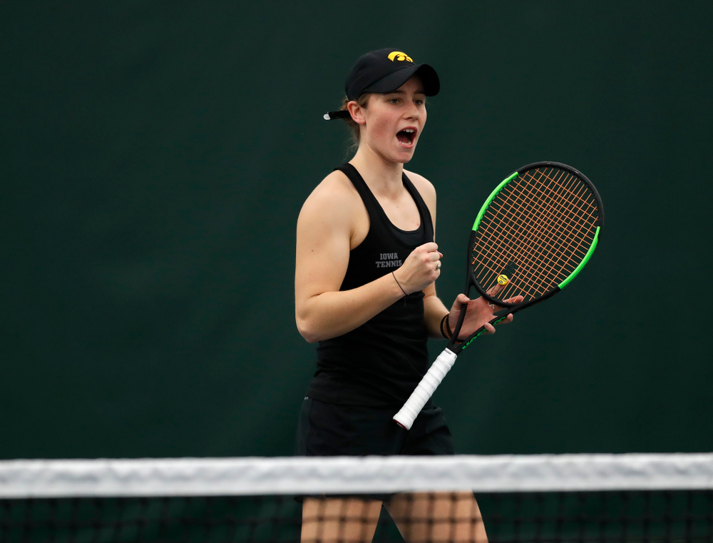 Elise Van Heuvelen and Anastasia Reimchen play a doubles match against Ohio State Sunday, March 25, 2018 at the Hawkeye Tennis and Recreation Center. (Brian Ray/hawkeyesports.com)