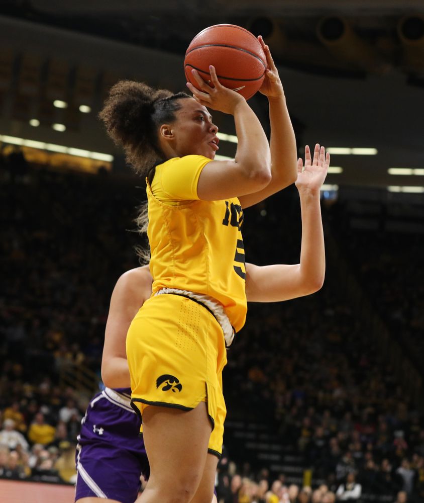 Iowa Hawkeyes guard Alexis Sevillian (5) against the Northwestern Wildcats Sunday, March 3, 2019 at Carver-Hawkeye Arena. (Brian Ray/hawkeyesports.com)