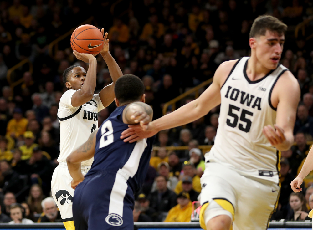 Iowa Hawkeyes guard Bakari Evelyn (4) knocks down a three point basket against Penn State Saturday, February 29, 2020 at Carver-Hawkeye Arena. (Brian Ray/hawkeyesports.com)