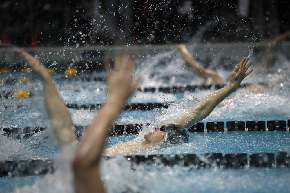 Iowa's Kenneth Meade at the 100-yard backstroke race Friday, March 1, 2019 at the Campus Recreation and Wellness Center. (Lily Smith/hawkeyesports.com)