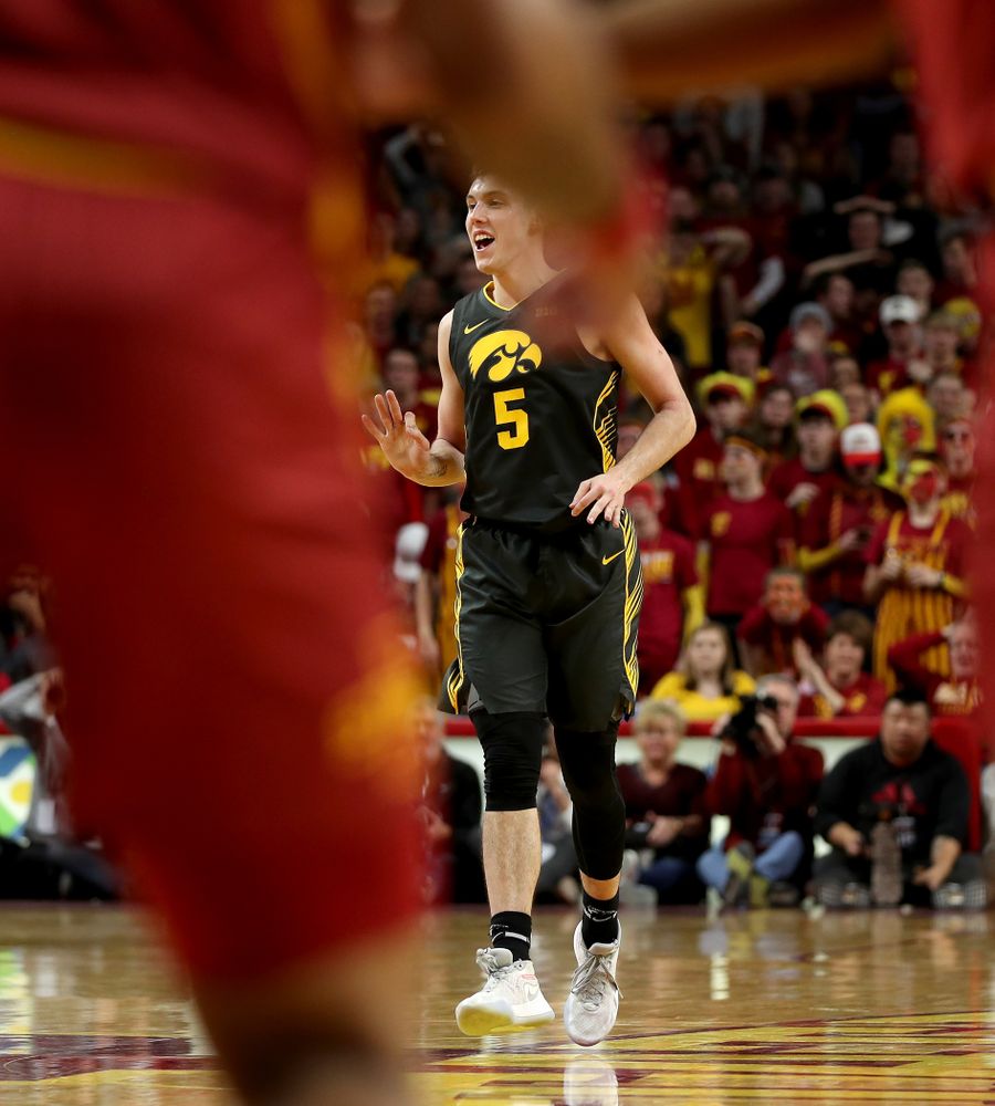 Iowa Hawkeyes guard CJ Fredrick (5) celebrates a three point basket against the Iowa State Cyclones Thursday, December 12, 2019 at Hilton Coliseum in Ames, Iowa(Brian Ray/hawkeyesports.com)