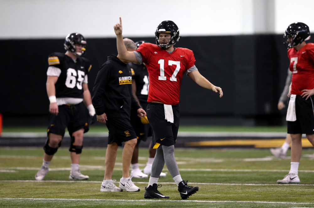 Iowa Hawkeyes quarterback Ryan Schmidt (17) during practice Wednesday, December 12, 2018 at the Hansen Football Performance Center in preparation for the Outback Bowl game against Mississippi State. (Brian Ray/hawkeyesports.com)