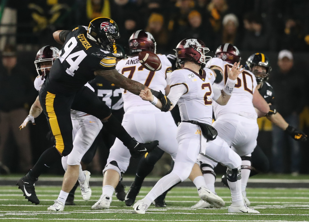 Iowa Hawkeyes defensive end A.J. Epenesa (94) against Minnesota Saturday, September 28, 2019 at Kinnick Stadium. (Max Allen/hawkeyesports.com)