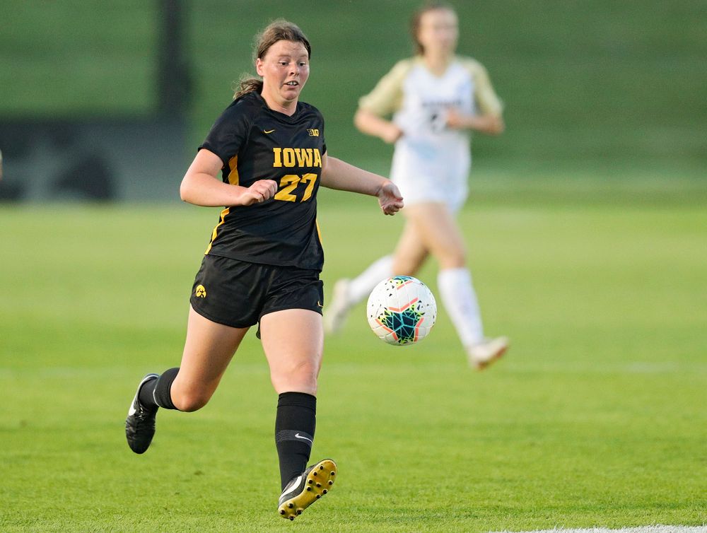 Iowa forward Samantha Tawharu (27) chases down the ball during the first half of their match against Western Michigan at the Iowa Soccer Complex in Iowa City on Thursday, Aug 22, 2019. (Stephen Mally/hawkeyesports.com)