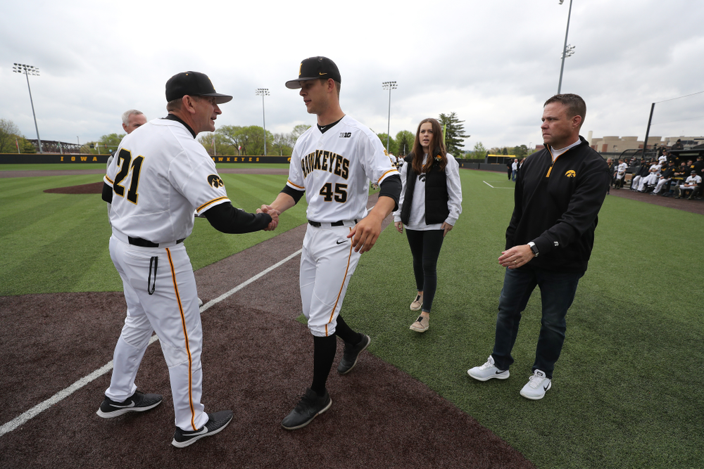 Iowa Hawkeyes Kyle Shimp (45) during senior day festivities before their game against Michigan State Sunday, May 12, 2019 at Duane Banks Field. (Brian Ray/hawkeyesports.com)