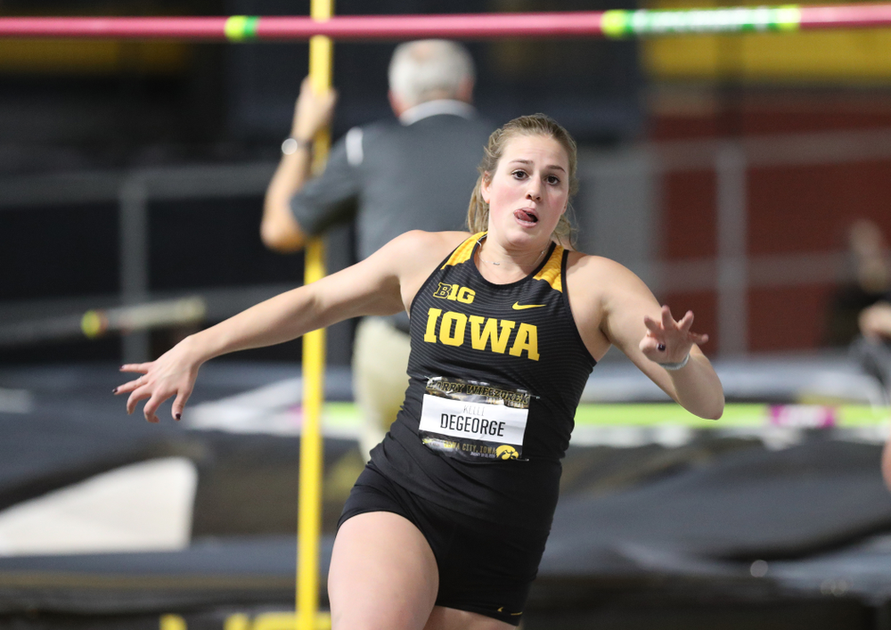 Iowa's Kelli DeGeorge competes in the high jump during the 2019 Larry Wieczorek Invitational Friday, January 18, 2019 at the Hawkeye Tennis and Recreation Center. (Brian Ray/hawkeyesports.com)