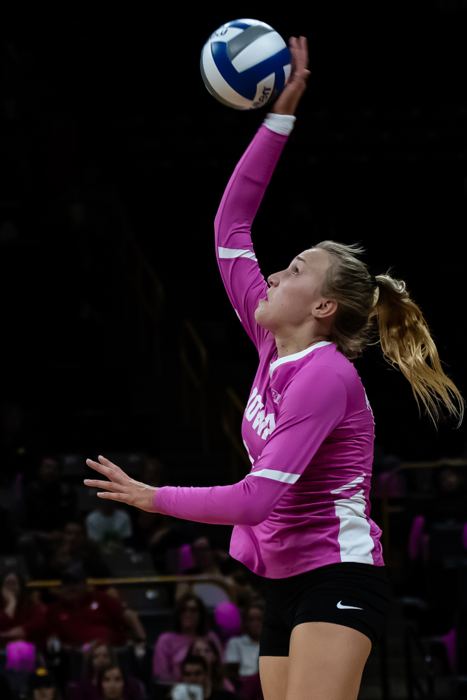 Iowa Hawkeyes outside hitter Cali Hoye (14) against the Wisconsin Badgers Saturday, October 6, 2018 at Carver-Hawkeye Arena. (Clem Messerli/Iowa Sports Pictures)