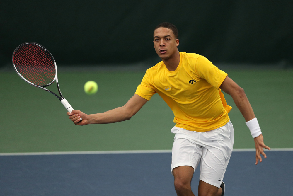 Oliver Okonkwo against Utah Sunday, February 10, 2019 at the Hawkeye Tennis and Recreation Complex. (Brian Ray/hawkeyesports.com)