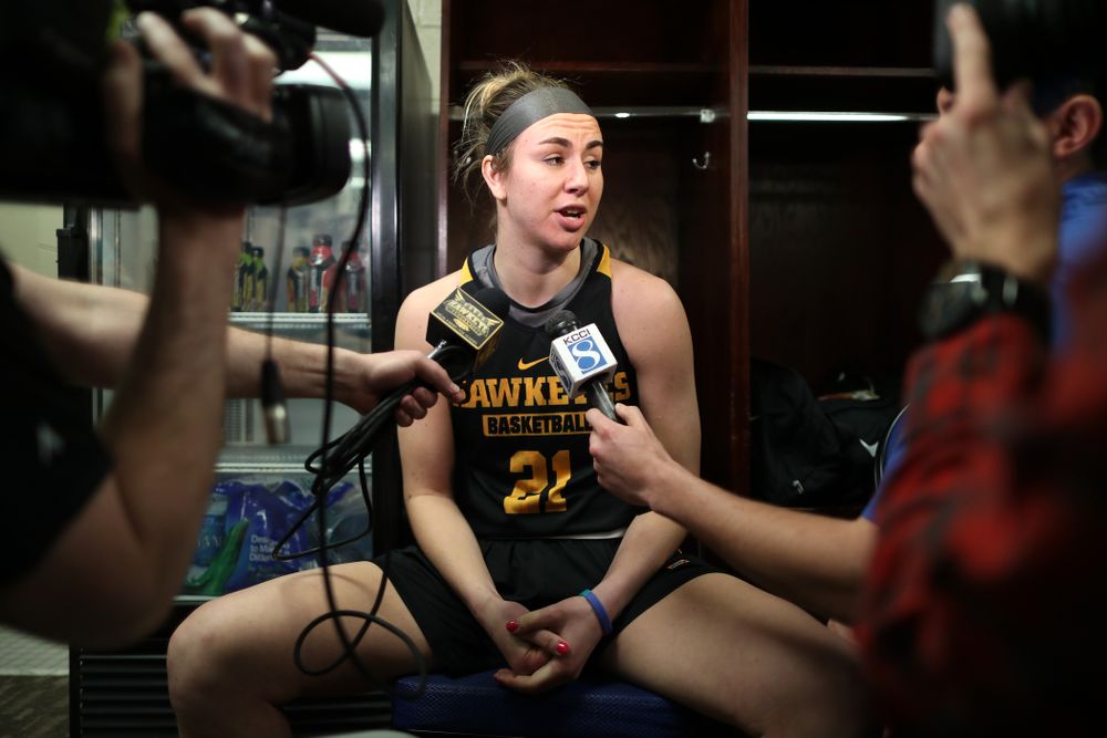 Iowa Hawkeyes forward Hannah Stewart (21) during practice and media before the regional final of the 2019 NCAA Women's College Basketball Tournament against the Baylor Bears Sunday, March 31, 2019 at Greensboro Coliseum in Greensboro, NC.(Brian Ray/hawkeyesports.com)