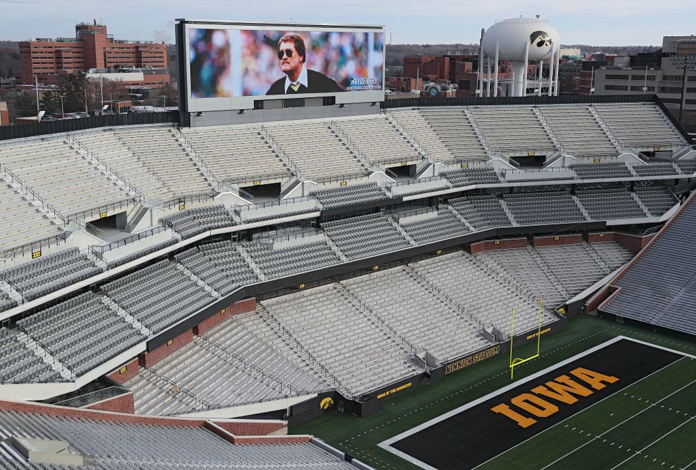 A picture of Hayden Fry is shown on the video boards at Kinnick Stadium in Iowa City on Wednesday, December 18, 2019. Hayden Fry passed away on Dec. 17, at the age of 90. (Stephen Mally/hawkeyesports.com)
