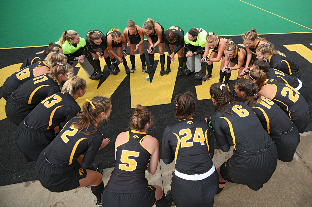 The Iowa Hawkeyes huddle before their game at Grant Field in Iowa City on Saturday, Oct 26, 2019. (Stephen Mally/hawkeyesports.com)