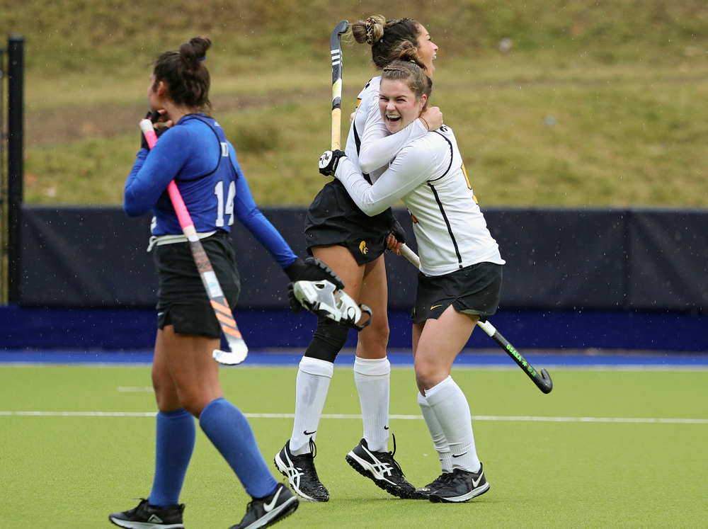 Iowa’s Ciara Smith (17) celebrates with Meghan Conroy (5) after scoring a goal during the second quarter of their NCAA Tournament First Round match against Duke at Karen Shelton Stadium in Chapel Hill, N.C. on Friday, Nov 15, 2019. (Stephen Mally/hawkeyesports.com)