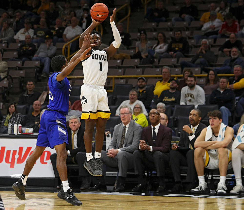 Iowa Hawkeyes guard Joe Toussaint (1) puts up a shot during the second half of their exhibition game against Lindsey Wilson College at Carver-Hawkeye Arena in Iowa City on Monday, Nov 4, 2019. (Stephen Mally/hawkeyesports.com)