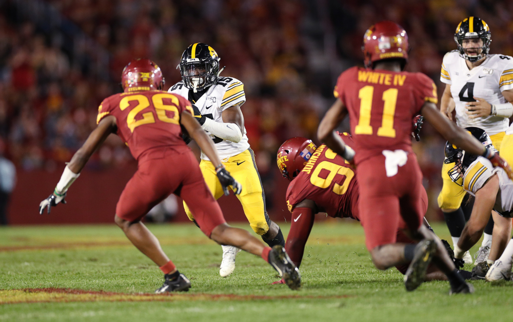 Iowa Hawkeyes running back Tyler Goodson (15) against the Iowa State Cyclones Saturday, September 14, 2019 in Ames, Iowa. (Brian Ray/hawkeyesports.com)