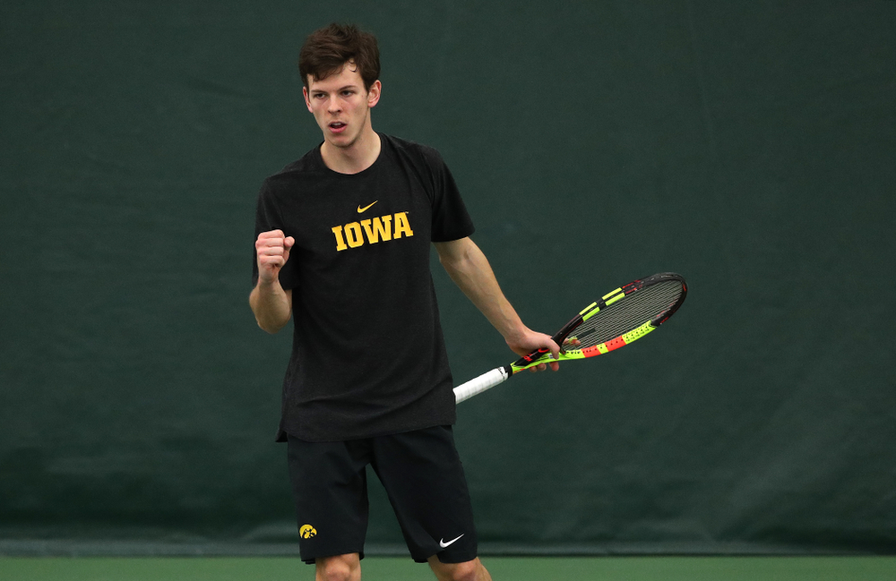 Iowa's Piotr Smietana against UMKC Friday, February 15, 2019 at the Hawkeye Tennis and Recreation Complex. (Brian Ray/hawkeyesports.com)