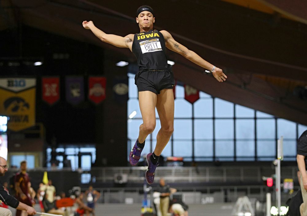 Iowa’s Jamal Britt competes in the men’s long jump event during the Larry Wieczorek Invitational at the Recreation Building in Iowa City on Friday, January 17, 2020. (Stephen Mally/hawkeyesports.com)