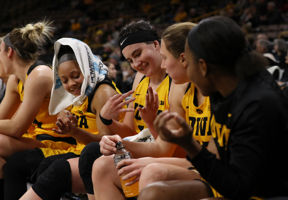 Iowa Hawkeyes guard Tania Davis (11) and forward Megan Gustafson (10) against the Michigan State Spartans Thursday, February 7, 2019 at Carver-Hawkeye Arena. (Brian Ray/hawkeyesports.com)