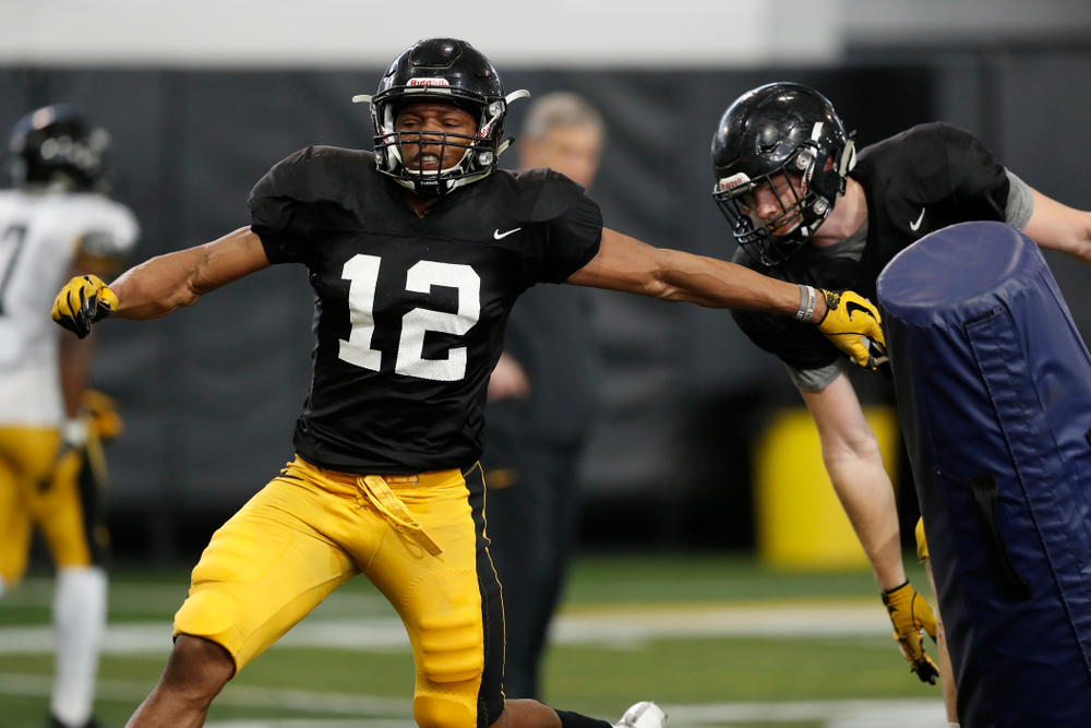 Iowa Hawkeyes wide receiver Brandon Smith (12) during spring practice Thursday, March 29, 2018 at the Hansen Football Performance Center. (Brian Ray/hawkeyesports.com)