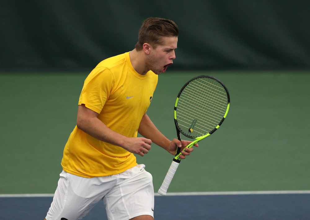Oliver Okonkwo and Will Davies against Utah Sunday, February 10, 2019 at the Hawkeye Tennis and Recreation Complex. (Brian Ray/hawkeyesports.com)