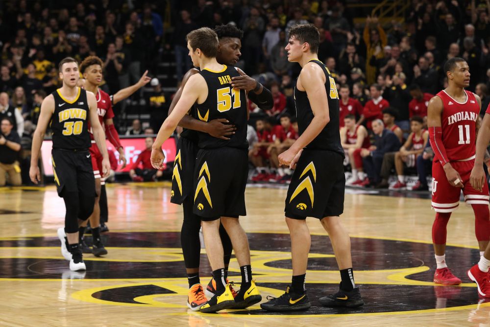 Iowa Hawkeyes forward Tyler Cook (25) and forward Nicholas Baer (51) against the Indiana Hoosiers Friday, February 22, 2019 at Carver-Hawkeye Arena. (Brian Ray/hawkeyesports.com)