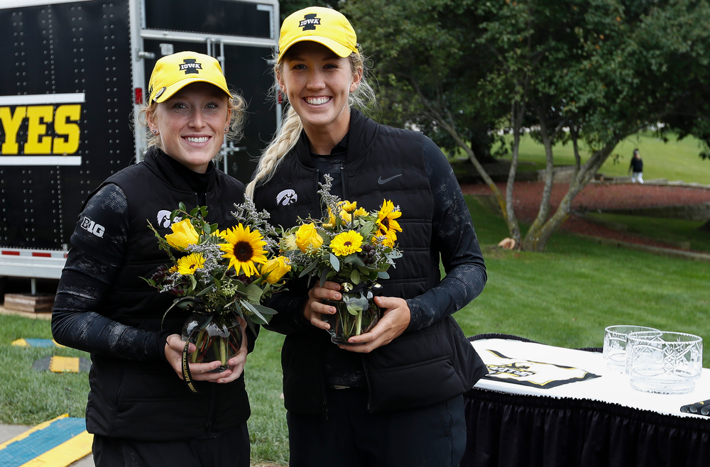 Iowa's Kristin Glesne and Shawn Rennegarbe pose for a photo after the final round of the Diane Thomason Invitational at Finkbine Golf Course on September 30, 2018. (Tork Mason/hawkeyesports.com)