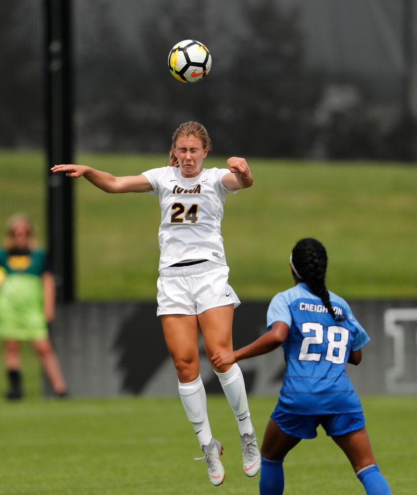 Iowa Hawkeyes Sara Wheaton (24) against the Creighton Bluejays Sunday, August 19, 2018 at the Iowa Soccer Complex. (Brian Ray/hawkeyesports.com)