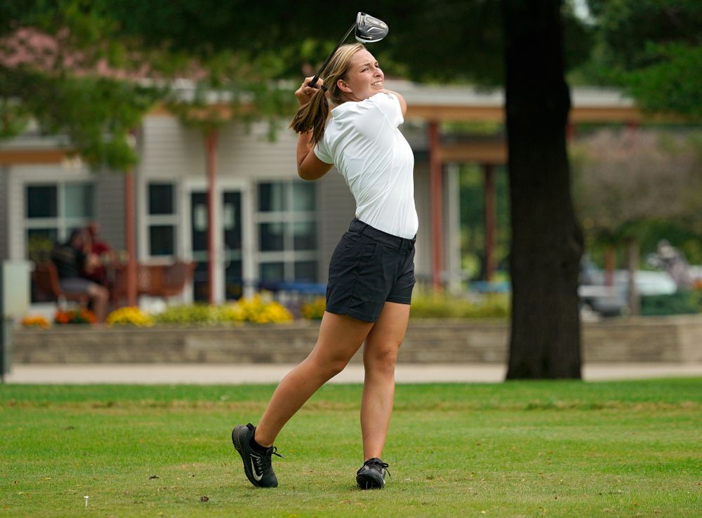 Iowa’s Stephanie Herzog tees off during their dual against Northern Iowa at Pheasant Ridge Golf Course in Cedar Falls on Monday, Sep 2, 2019. (Stephen Mally/hawkeyesports.com)