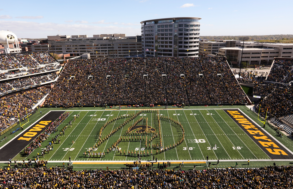 The Iowa Hawkeye Marching Band performs at halftime during a game against Maryland at Kinnick Stadium on October 20, 2018. (Tork Mason/hawkeyesports.com)