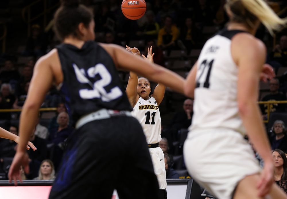 Iowa Hawkeyes guard Tania Davis (11) against Dakota Wesleyan University Tuesday, November 6, 2018 at Carver-Hawkeye Arena. (Brian Ray/hawkeyesports.com)