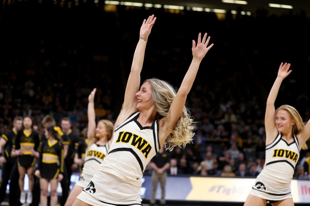 The Iowa Cheerleaders and Dance Team perform on senior night at half-time of the Iowa Hawkeyes game against the Purdue Boilermakers Tuesday, March 3, 2020 at Carver-Hawkeye Arena. (Brian Ray/hawkeyesports.com)