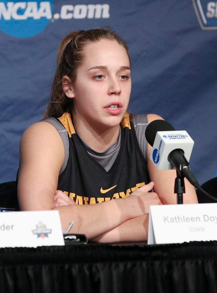 Iowa Hawkeyes guard Kathleen Doyle (22) answers a question during media availability before their next game in the 2019 NCAA Women's Basketball Tournament at Carver Hawkeye Arena in Iowa City on Saturday, Mar. 23, 2019. (Stephen Mally for hawkeyesports.com)