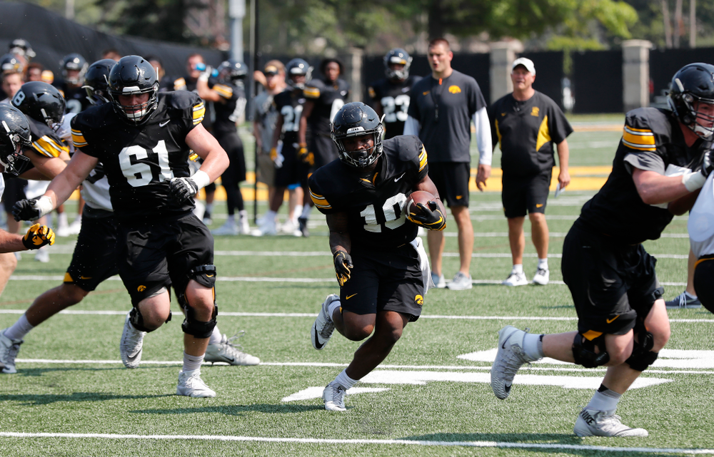 Iowa Hawkeyes running back Mekhi Sargent (10) during practice No. 7 of fall camp Friday, August 10, 2018 at the Kenyon Football Practice Facility. (Brian Ray/hawkeyesports.com)