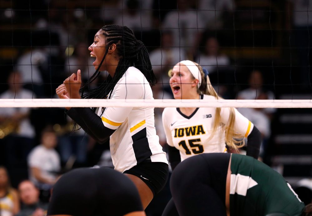 Iowa Hawkeyes middle blocker Amiya Jones (9) against the Michigan State Spartans Friday, September 21, 2018 at Carver-Hawkeye Arena. (Brian Ray/hawkeyesports.com)