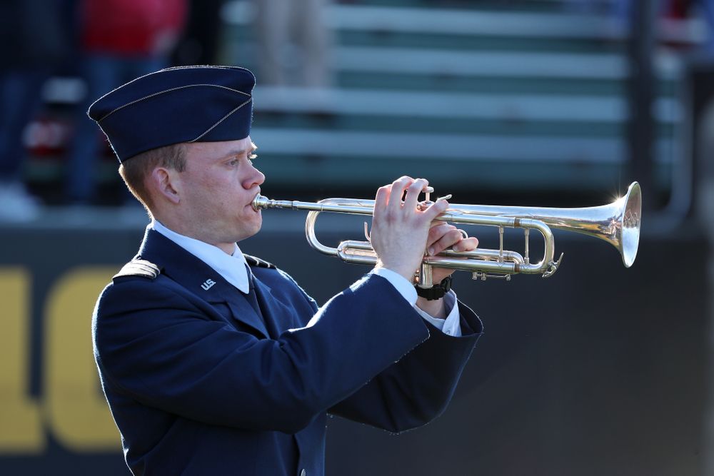 Members of the University of Iowa ROTC presents the colors during the National Anthem before the Iowa Hawkeyes game against the Nebraska Cornhuskers on Military Appreciation Night Friday, April 19, 2019 at Duane Banks Field. (Brian Ray/hawkeyesports.com)