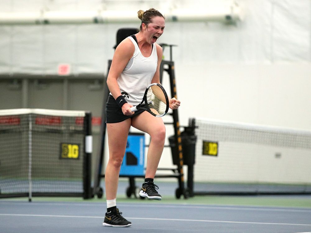 Iowa’s Samantha Mannix celebrates a point during her singles match at the Hawkeye Tennis and Recreation Complex in Iowa City on Sunday, February 23, 2020. (Stephen Mally/hawkeyesports.com)