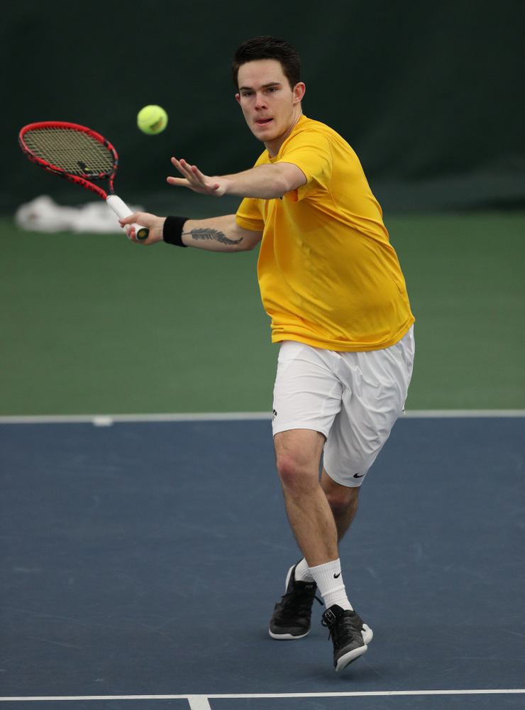 Jonas Larsen against Utah Sunday, February 10, 2019 at the Hawkeye Tennis and Recreation Complex. (Brian Ray/hawkeyesports.com)