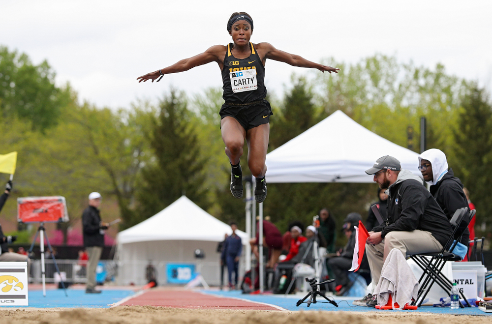 Iowa's Amanda Carty jumps in the women’s long jump event on the second day of the Big Ten Outdoor Track and Field Championships at Francis X. Cretzmeyer Track in Iowa City on Saturday, May. 11, 2019. (Stephen Mally/hawkeyesports.com)