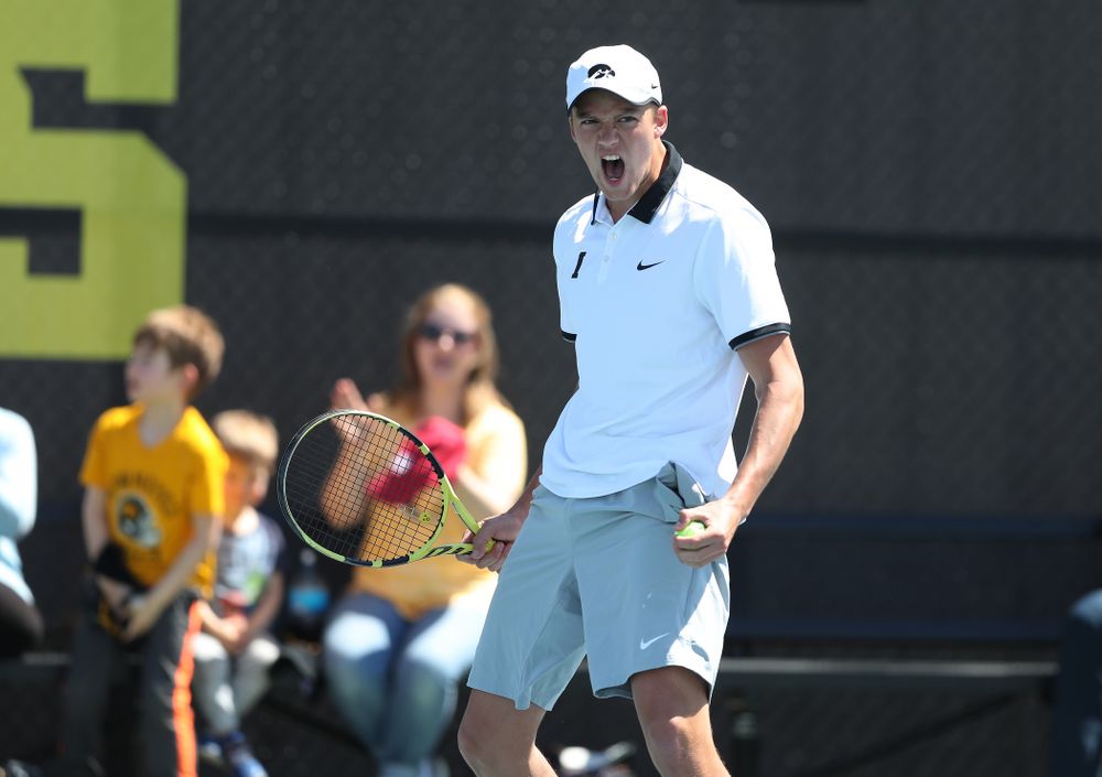 IowaÕs Joe Tyler and Nikita Snezhko play a doubles match against the Michigan Wolverines Sunday, April 21, 2019 at the Hawkeye Tennis and Recreation Complex. (Brian Ray/hawkeyesports.com)